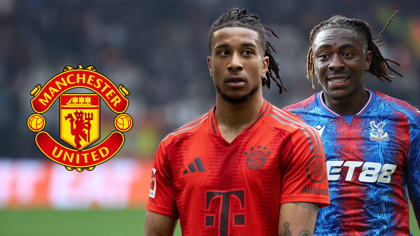 Michael Olise and Eberechi Eze alongside a Manchester United badge