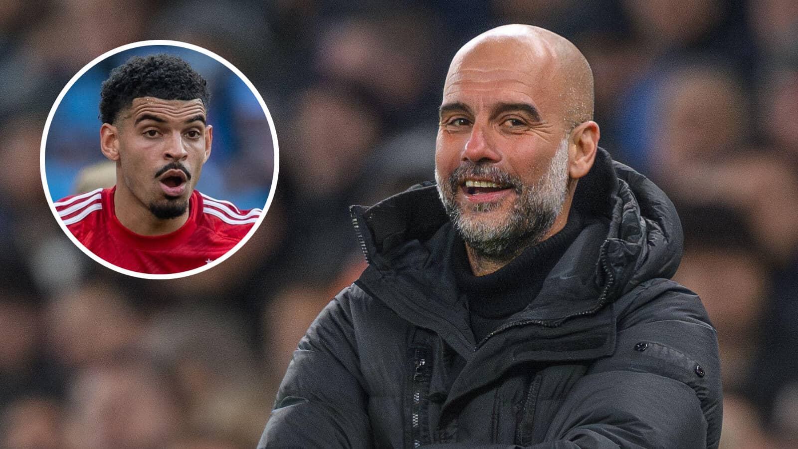 Manchester City manager Pep Guardiola alongside Nottingham Forest ace Morgan Gibbs-White