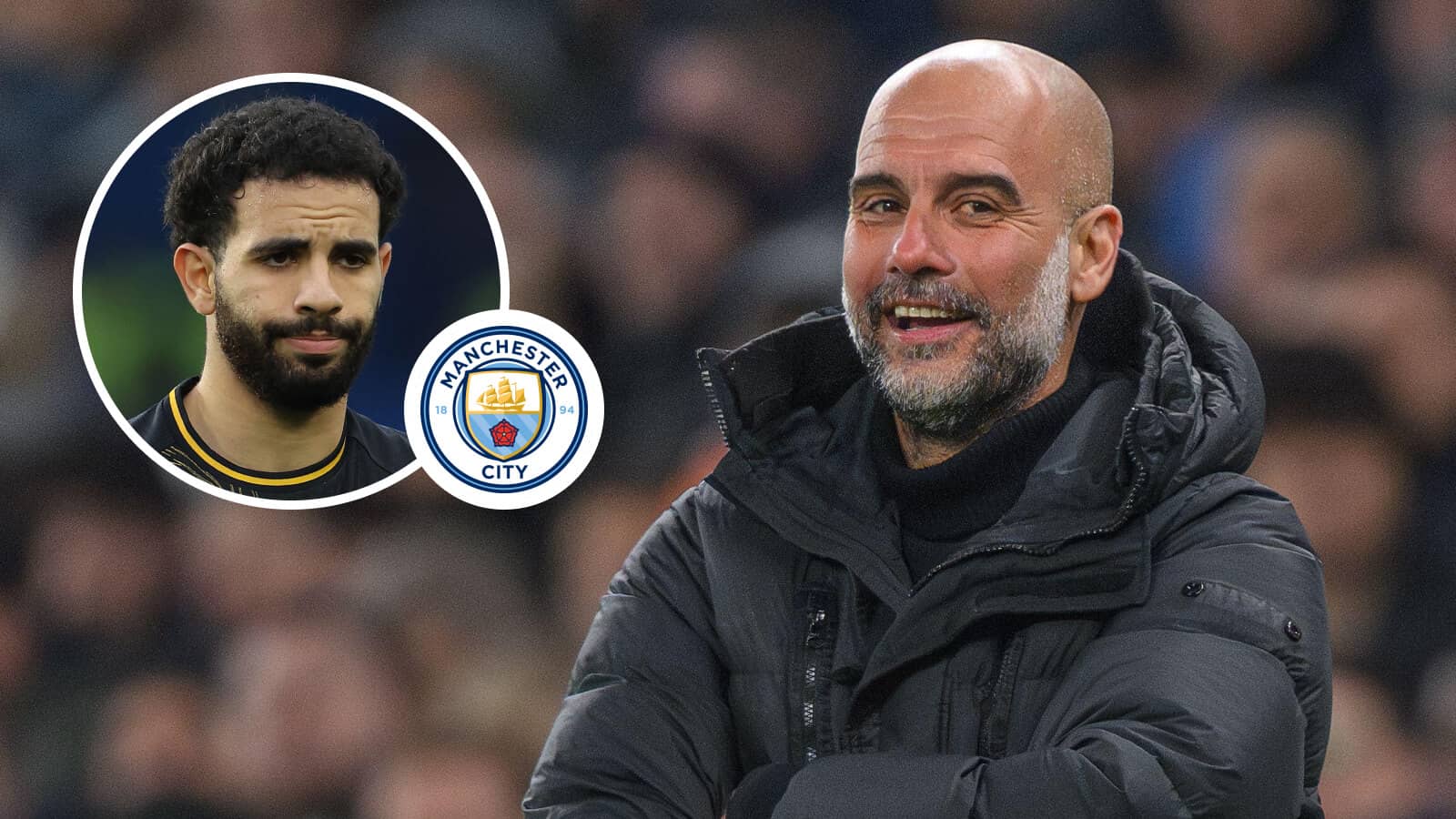 Manchester City manager Pep Guardiola with Wolves star Rayan Ait-Nouri