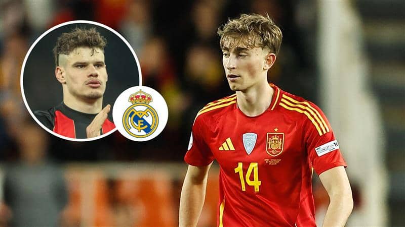 Milos Kerkez, Real Madrid badge and Dean Huijsen - copyright TEAMtalk