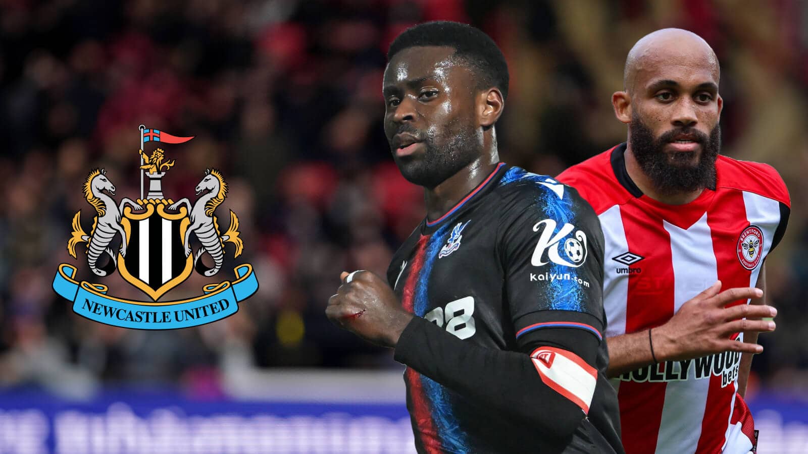 Marc Guehi and Bryan Mbeumo with a Newcastle badge