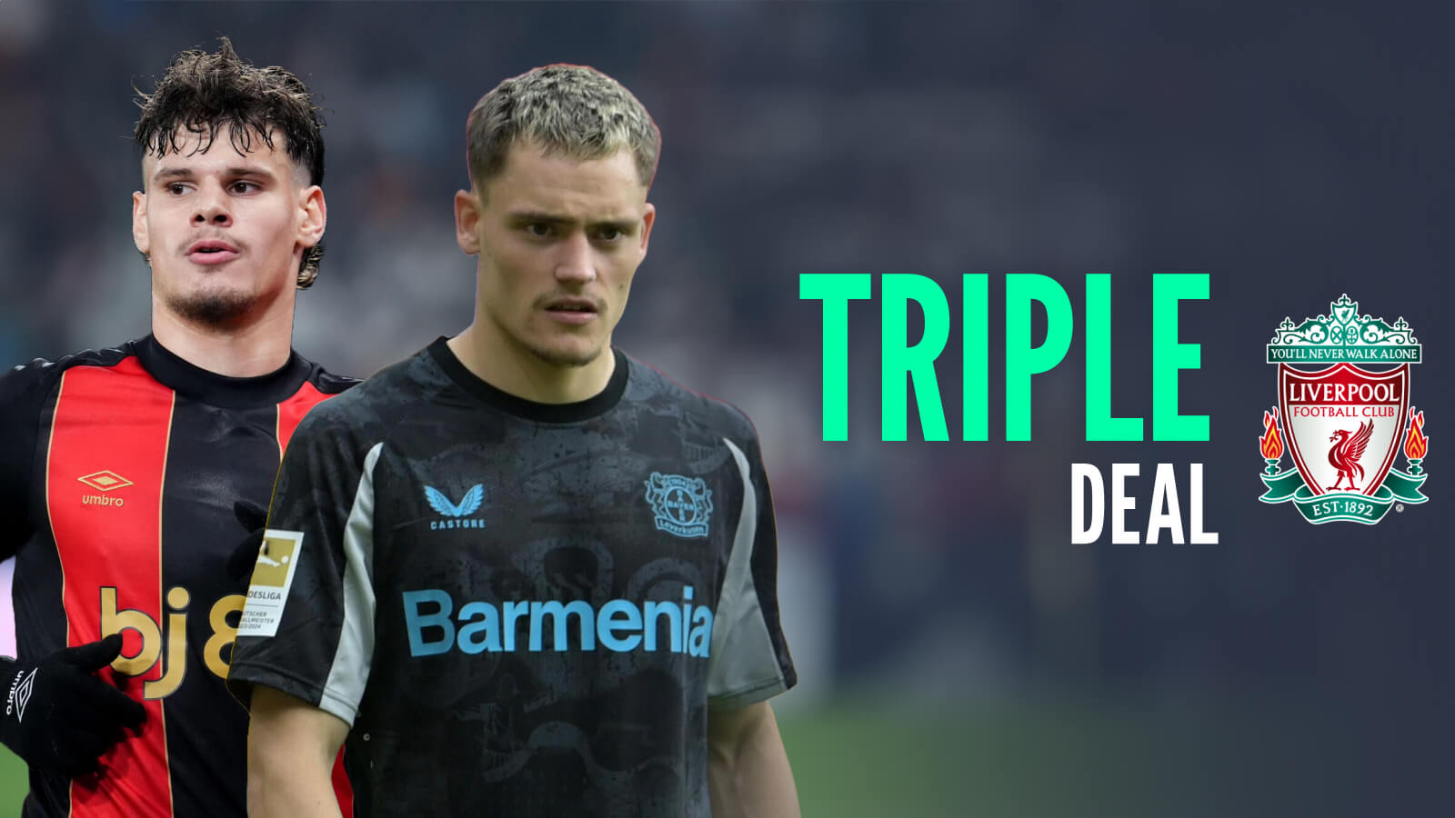 Milos Kerkez and Florian Wirtz with a Liverpool badge and caption: Triple deal