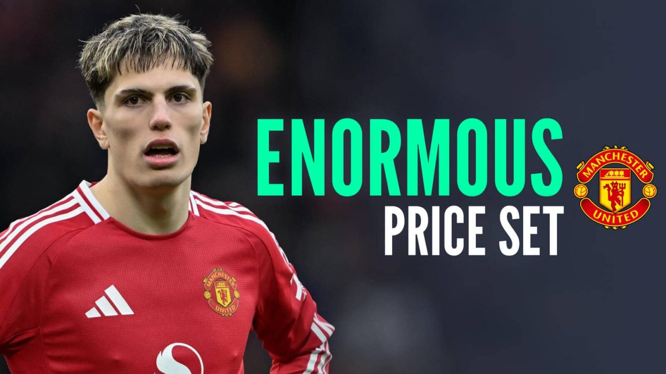 Alejandro Garnacho next to the Manchester United club crest and the words 'enormous price set'