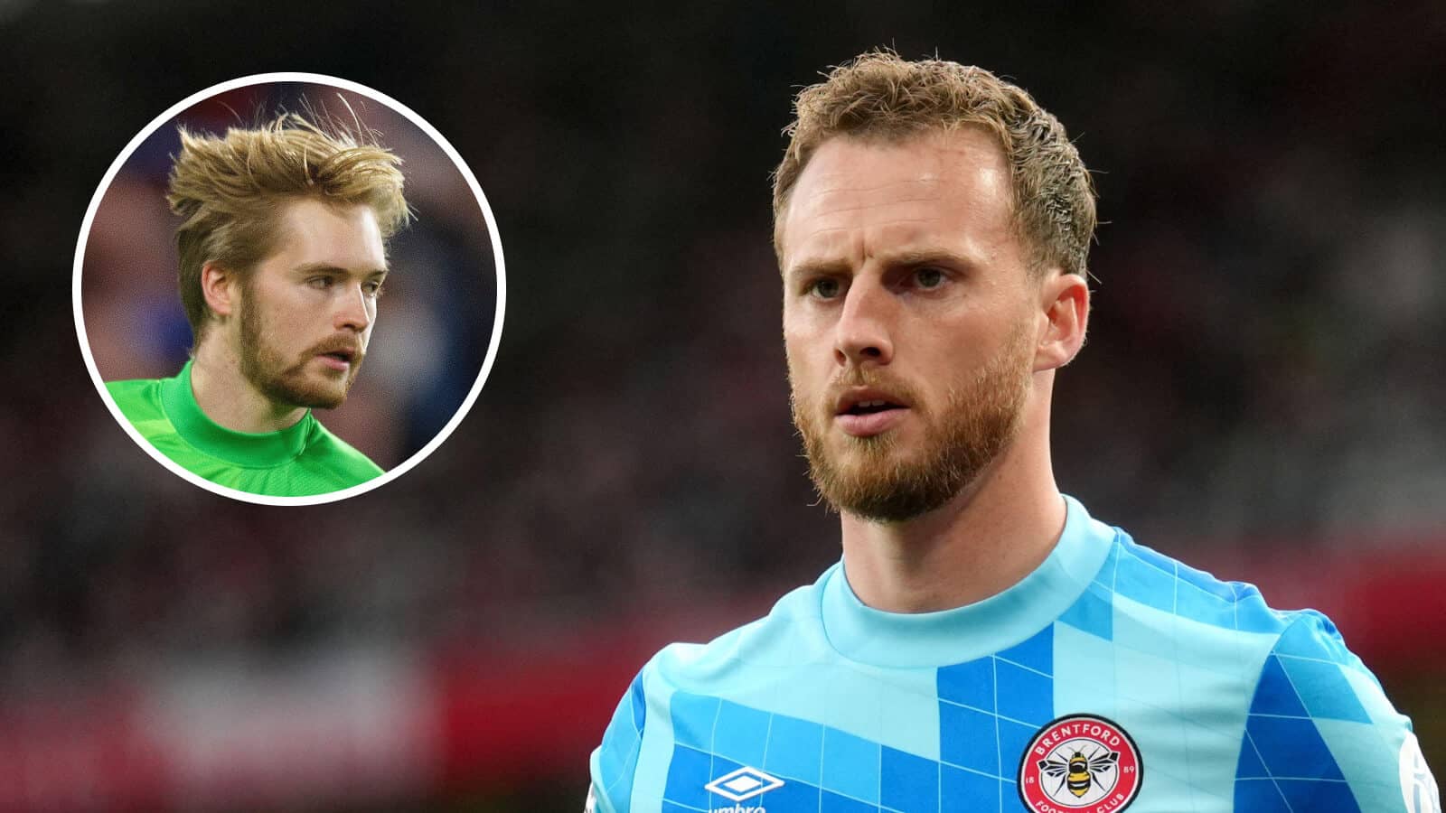 Brentford's Mark Flekkenn and, inset, Liverpool goalkeeper Caoimhin Kelleher