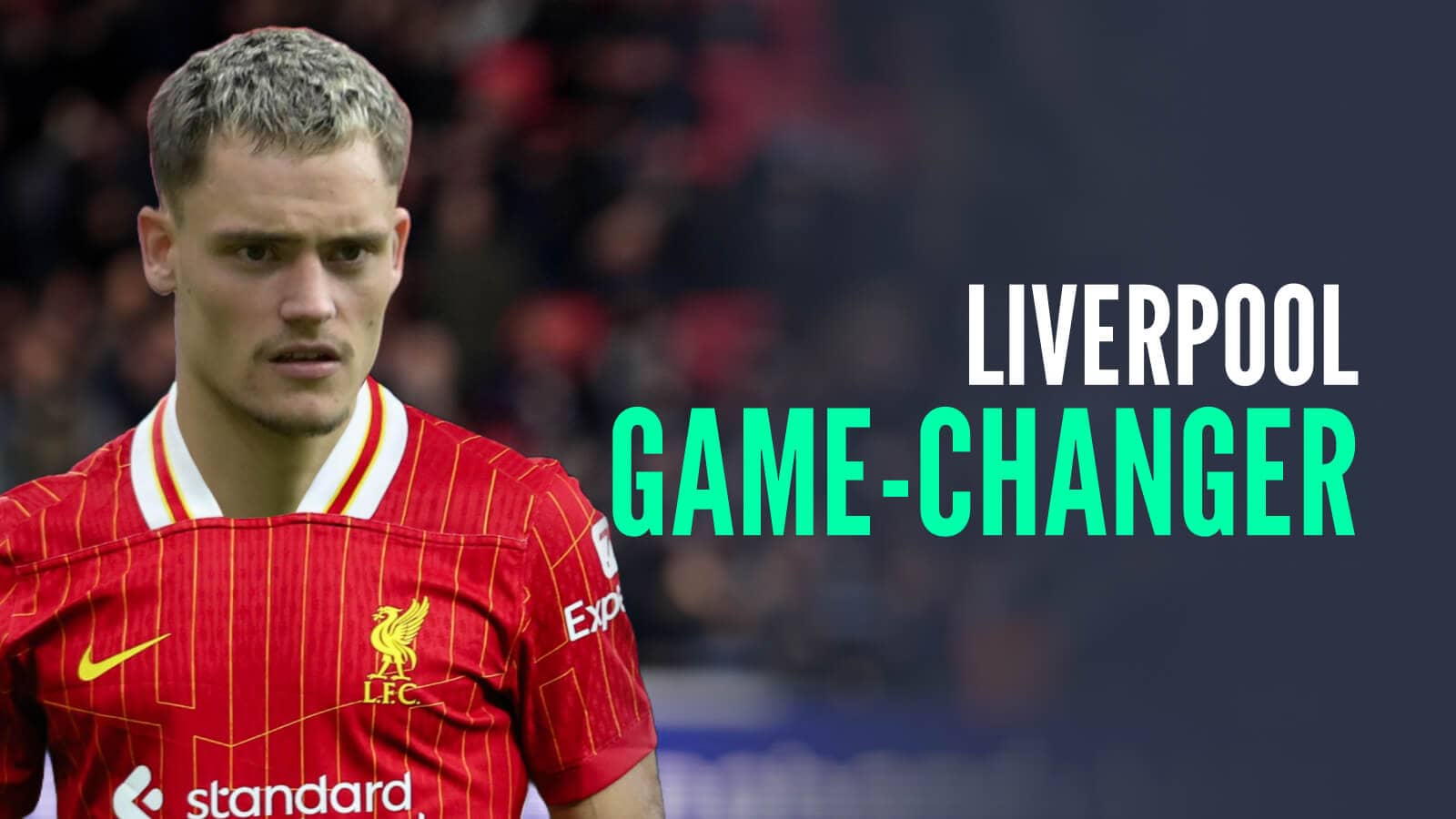 Liverpool target Florian Wirtz with a club shirt Photoshopped on him and the words 'Liverpool game-changer'