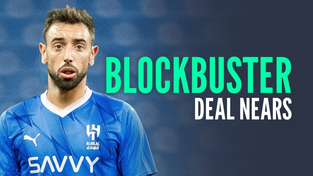 Man Utd captain Bruno Fernandes with an Al-Hilal kit Photoshopped on to him next to the words 'blockbuster deal nears'
