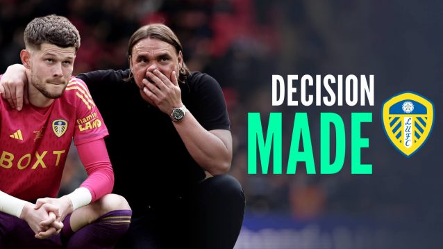 Leeds manager Daniel Farke and goalkeeper Illan Meslier with caption: Decision made
