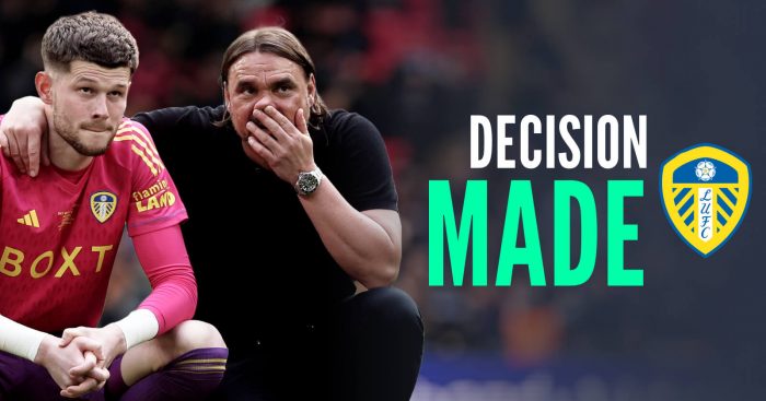 Leeds manager Daniel Farke and goalkeeper Illan Meslier with caption: Decision made