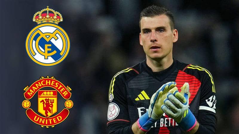 Andriy Lunin next to the Real Madrid and Manchester United badges - copyright TEAMtalk