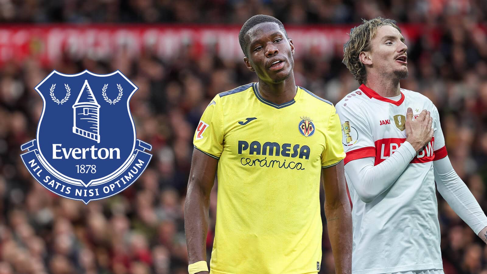 Villarreal's Thierno Barry and Stuttgart's Nick Woltemade alongside an Everton badge