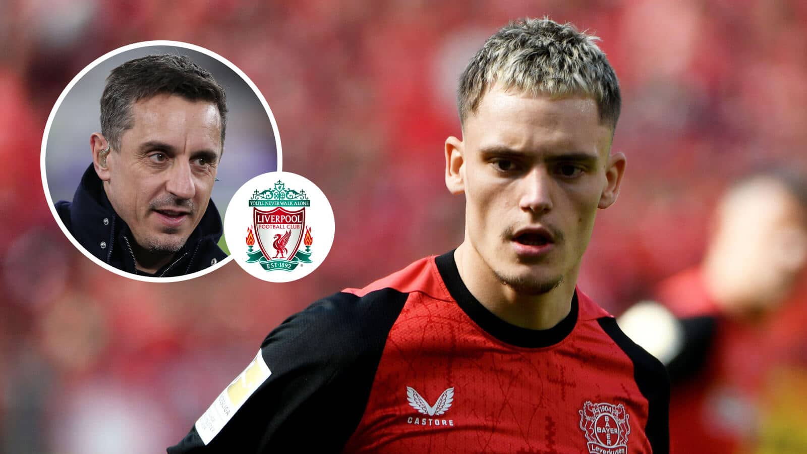 Gary Neville, inset, next to Bayer Leverkusen superstar Florian Wirtz and the Liverpool club crest
