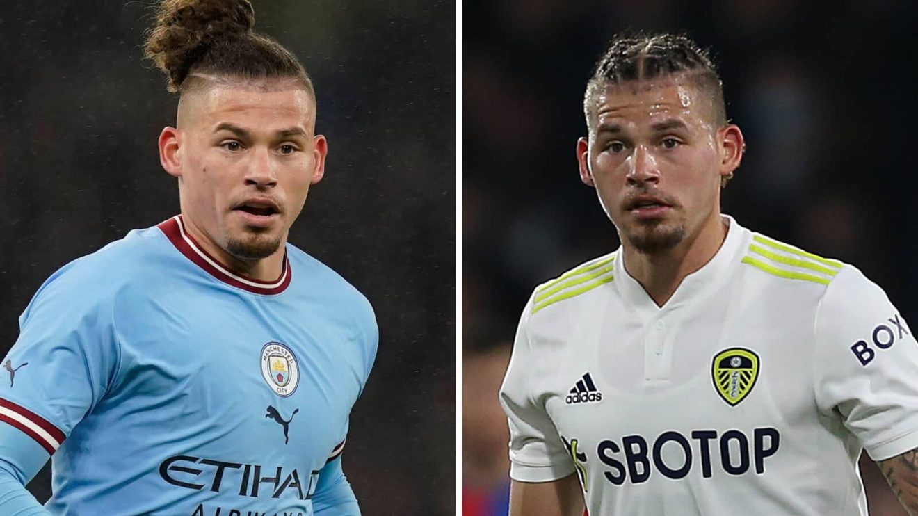 Kalvin Phillips in a Manchester City kit alongside the same player in his days as a Leeds United star