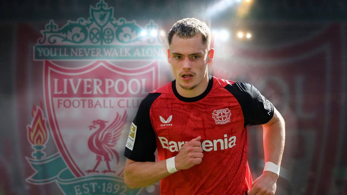 Bayer Leverkusen superstar Florian Wirtz in front of the Liverpool club crest