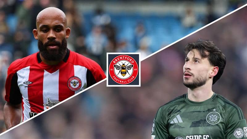 Diagonally split image of Brentford winger Bryan Mbeumo and Celtic winger Nicolas Kuhn with the Brentford badge between them – copyright TEAMtalk