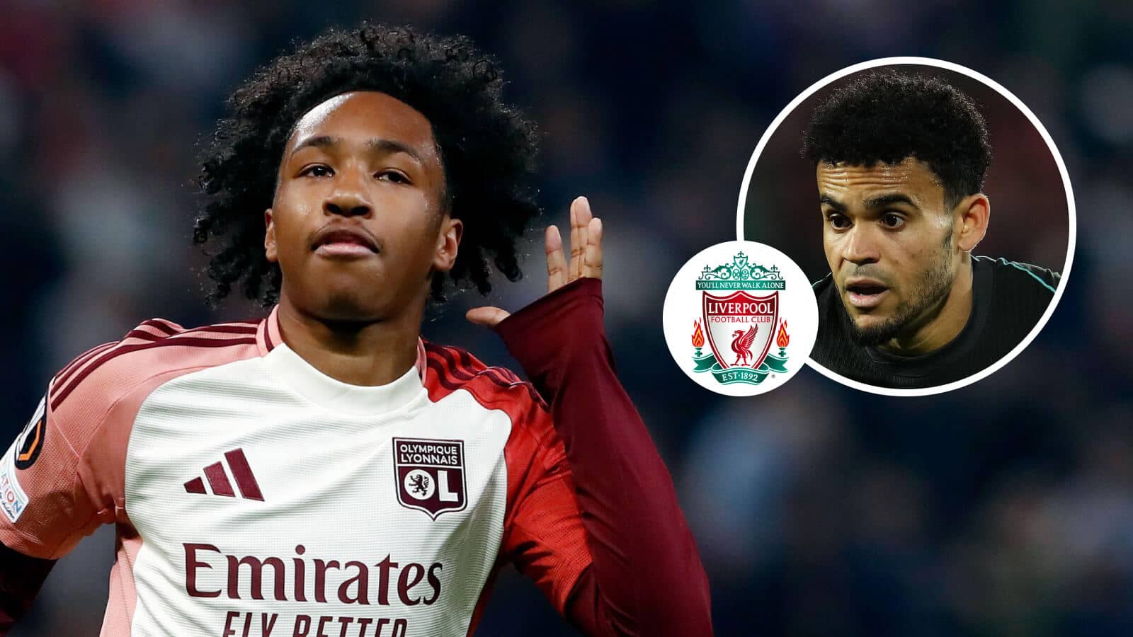 Lyon winger Malick Fofana, Liverpool badge and Luiz Diaz - copyright TEAMtalk