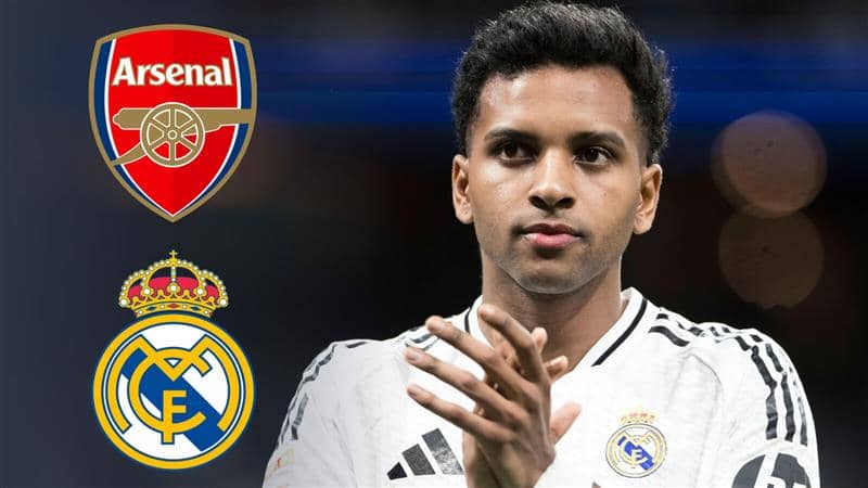 Real Madrid forward Rodrygo next to the Arsenal and Real Madrid badges - copyright TEAMtalk