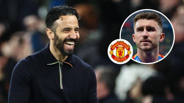 Man Utd manager Ruben Amorim and, inset, defender Aymeric Laporte, next to the Manchester United club crest