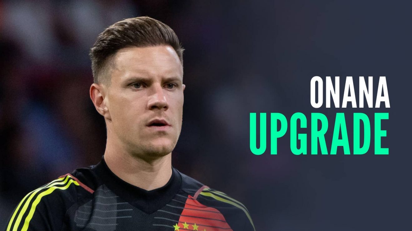 Barcelona goalkeeper Marc-Andre ter Stegen with text: Onana upgrade