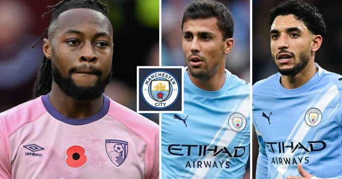 A collage of Antoine Semenyo in Bournemouth kit, and Rodri and Omar Marmoush in Manchester City kit