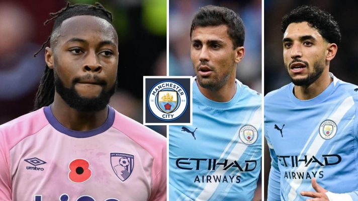 A collage of Antoine Semenyo in Bournemouth kit, and Rodri and Omar Marmoush in Manchester City kit