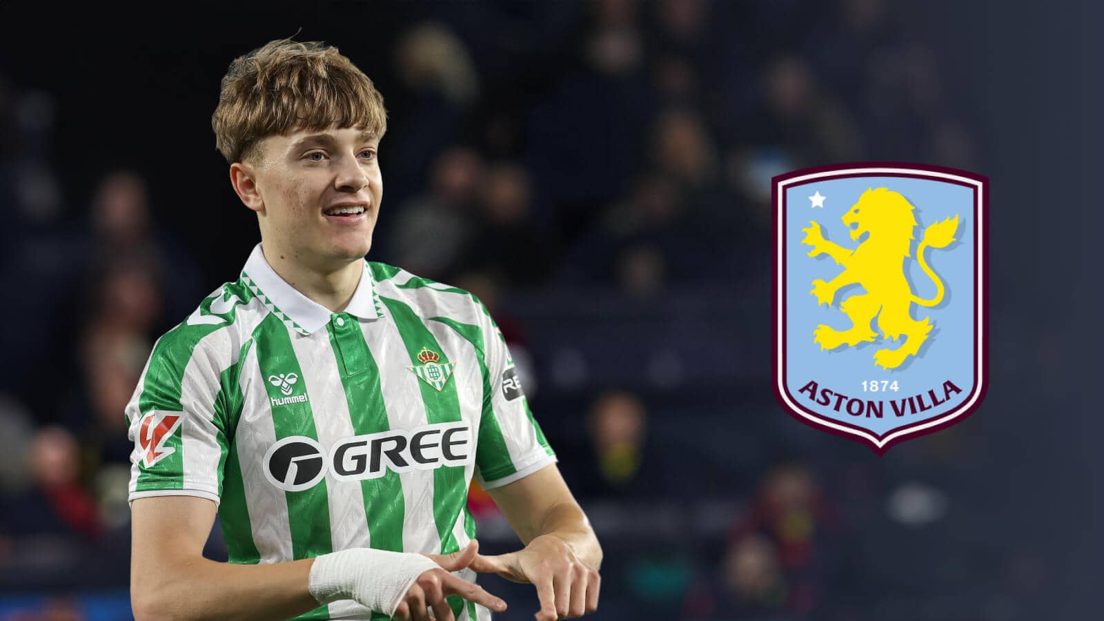 Real Betis winger Jesus Rodriguez next to the Aston Villa badge - copyright TEAMtalk