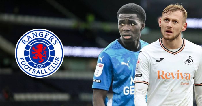 Swansea's Harry Darling, Peterbrough's Kwame Poku, alongside a Rangers badge