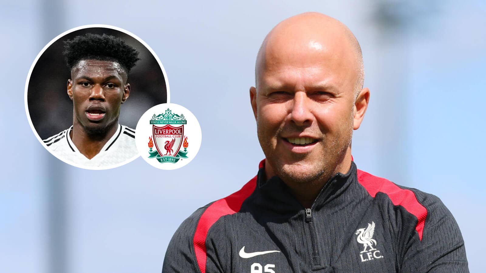 Liverpool manager Arne Slot and Real Madrid star Aurelien Tchouameni, inset, next to the Liverpool club crest
