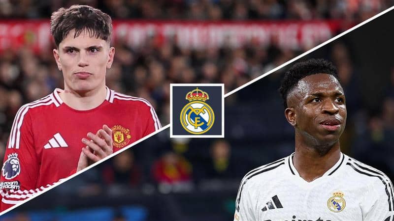 Diagonally split image of Manchester United winger Alejandro Garnacho and Real Madrid forward Vinicius Junior with the Real Madrid badge between them - copyright TEAMtalk