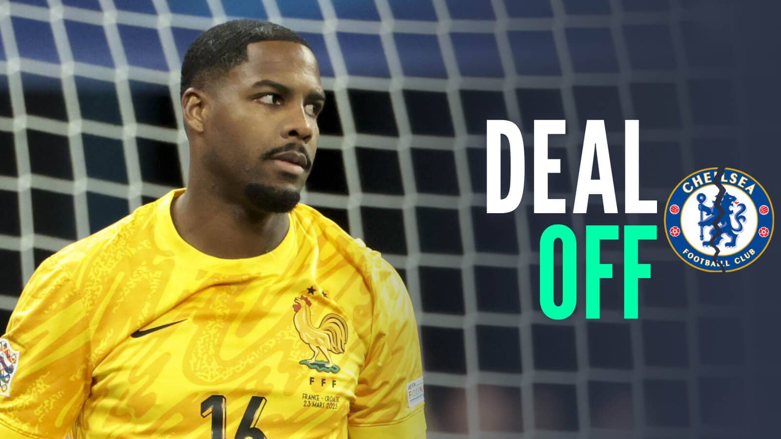 AC Milan and France goalkeeper Mike Maignan next to a cracked Chelsea badge and the words 'deal off'