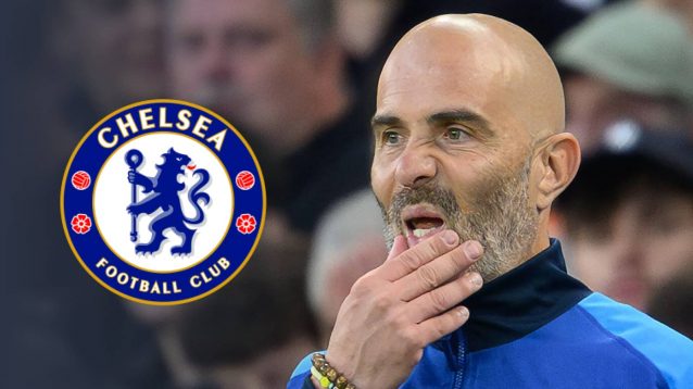 Chelsea boss Enzo Maresca next to the club crest