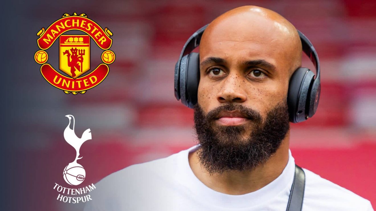 Brentford's Bryan Mbeumo next to the badges of Man Utd and Tottenham Hotspur