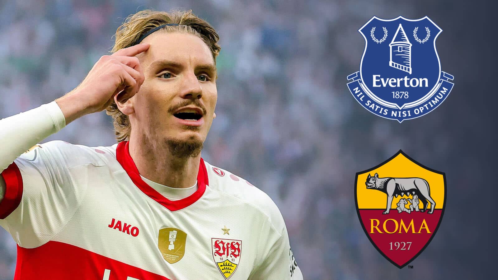 Stuttgart forward Nick Woltemade with Everton, Roma badges