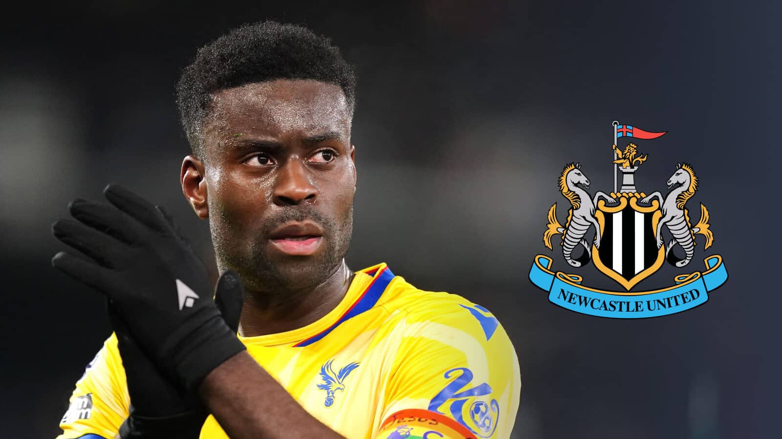 Crystal Palace defender Marc Guehi next to the Newcastle United badge - copyright TEAMtalk