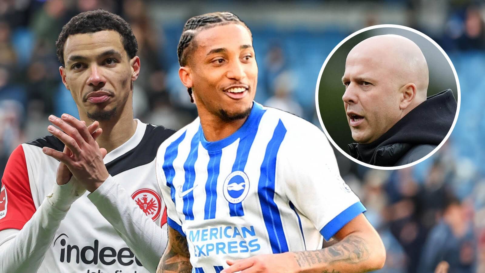 Eintracht Frankfurt striker Hugo Ekitike and Joao Pedro of Brighton with Liverpool manager Arne Slot, inset