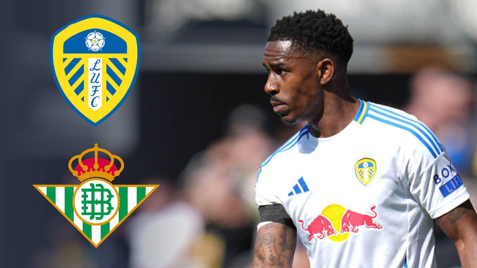 Junior Firpo next to the Leeds United and Real Betis badges - copyright TEAMtalk