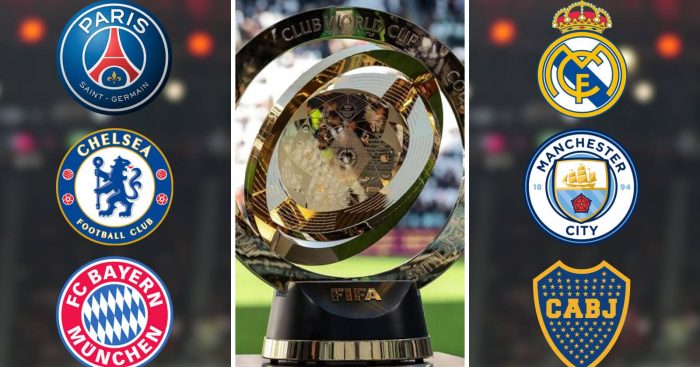 PSG, Chelsea, Bayern Munich, Real Madrid, Manchester City and River Plate pictured either side of the FIFA Club World Cup trophy
