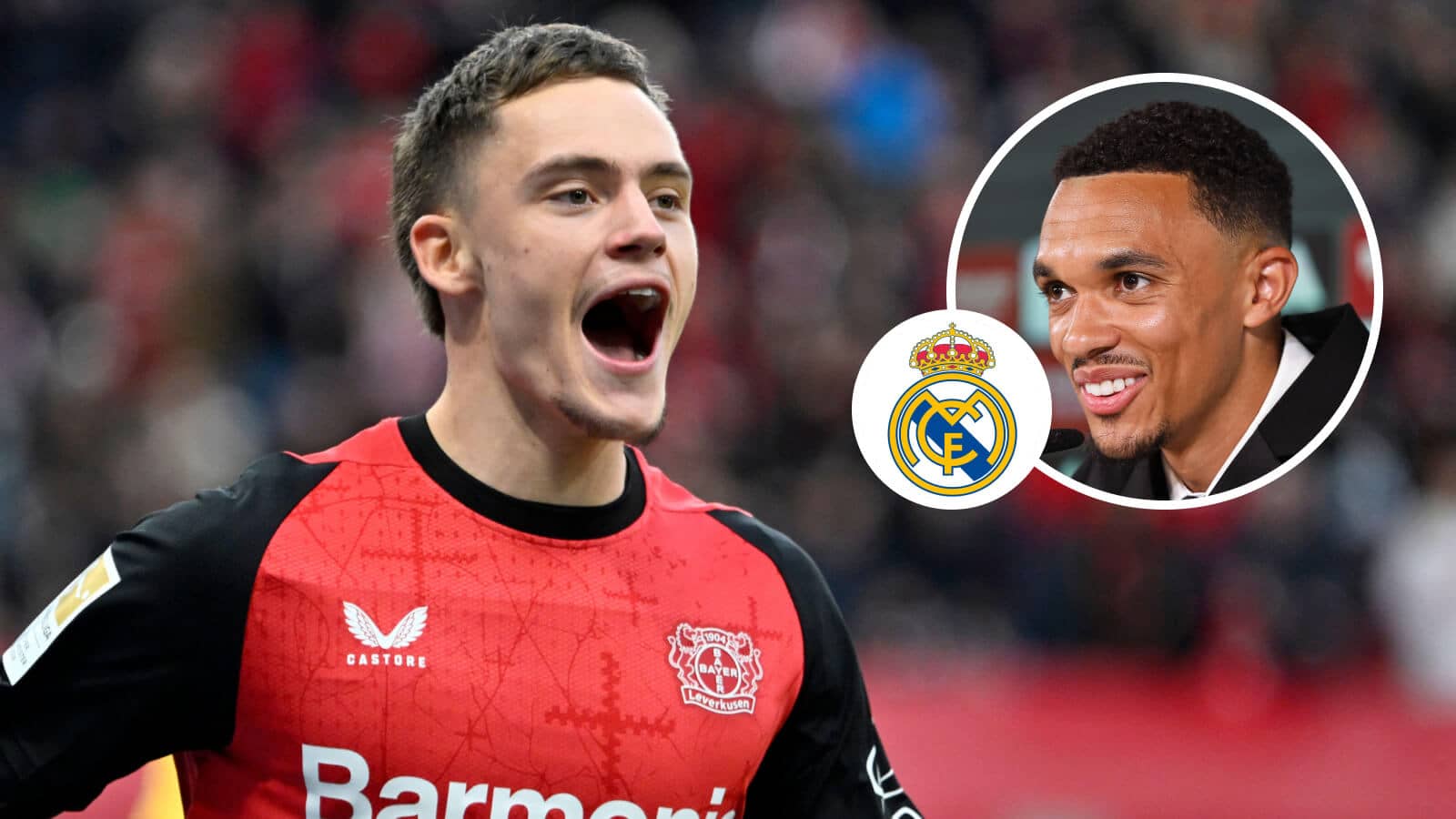Florian Wirtz, Real Madrid badge and Trent Alexander-Arnold - copyright TEAMtalk