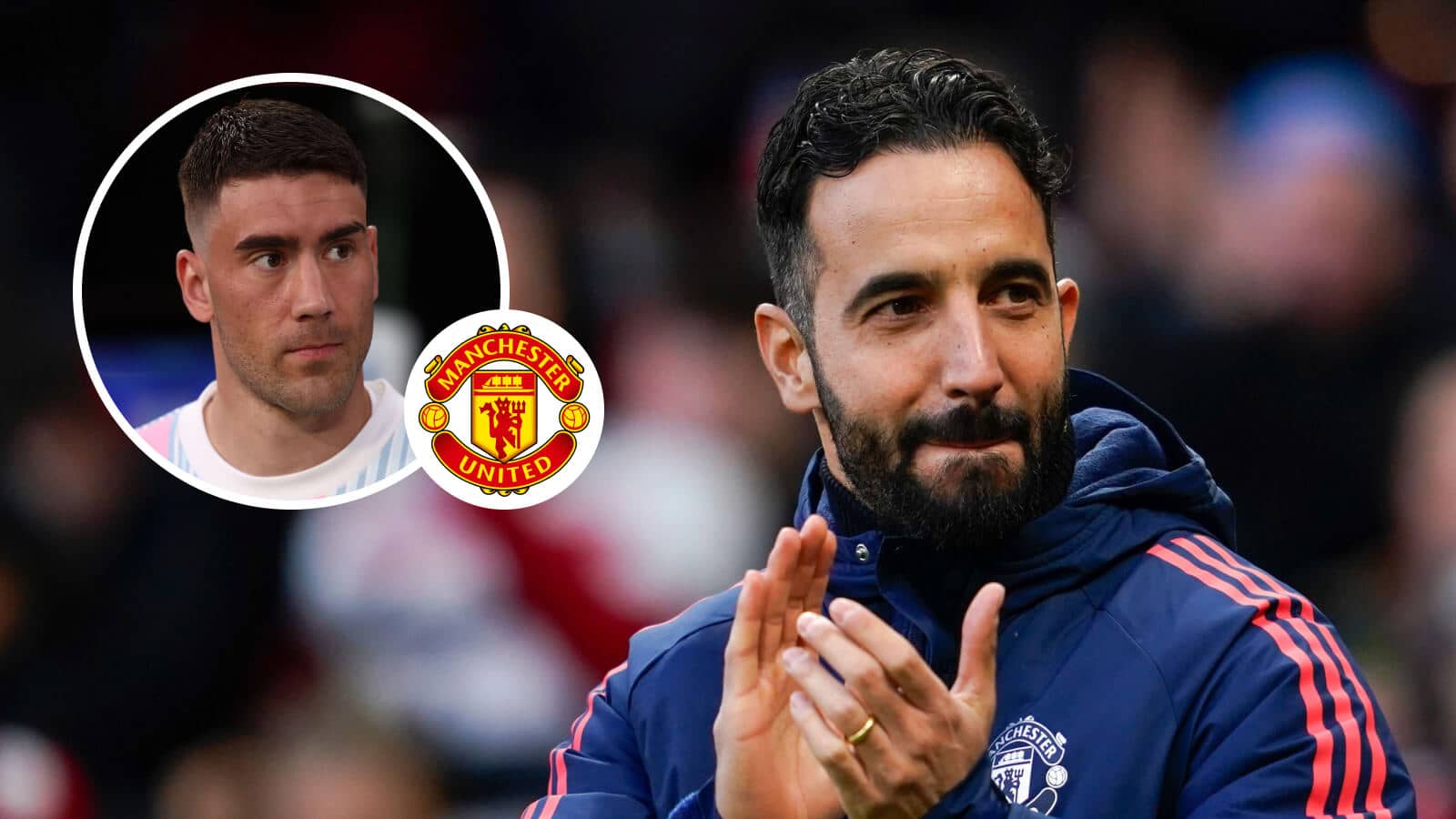 Juventus striker Dusan Vlahovic, Manchester United badge and Ruben Amorim - copyright TEAMtalk