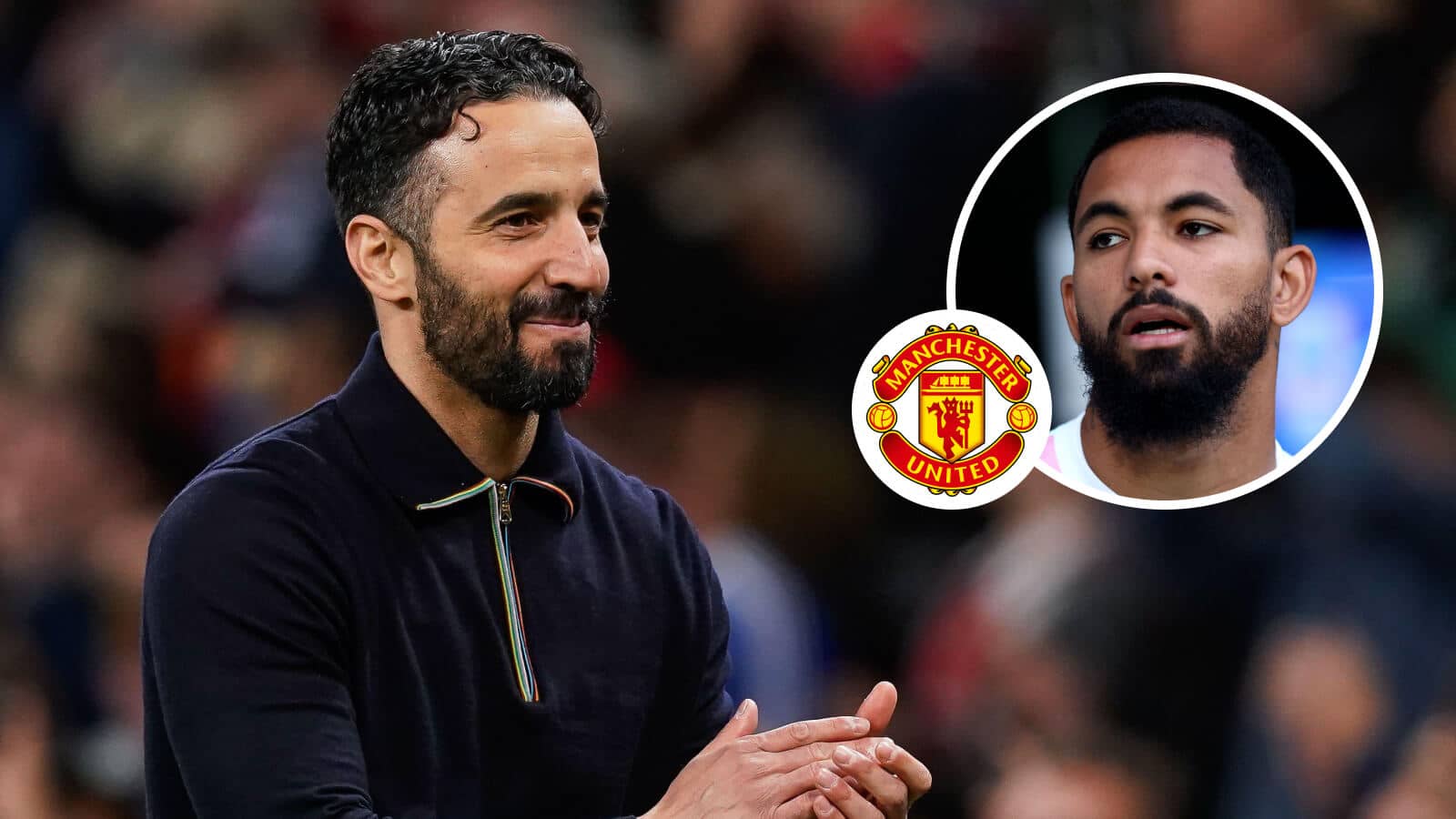 Ruben Amorim, Manchester United badge and Juventus midfielder Douglas Luiz - copyright TEAMtalk