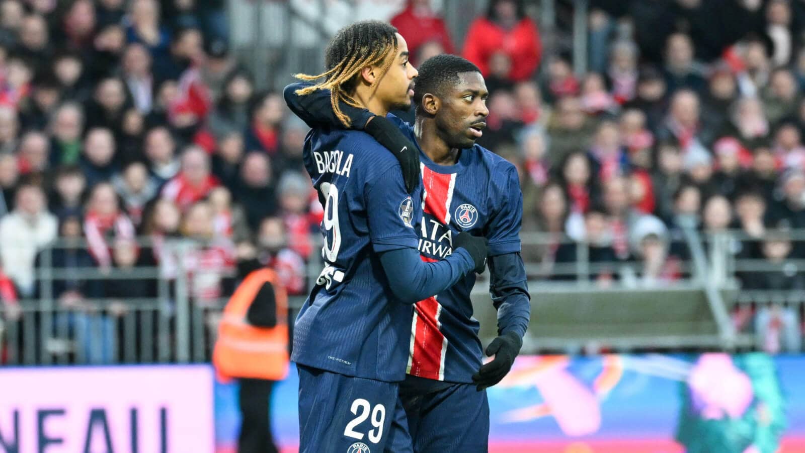 Liverpool target Bradley Barcola with his Paris Saint-Germain team-mate Ousmane Dembele - copyright TEAMtalk