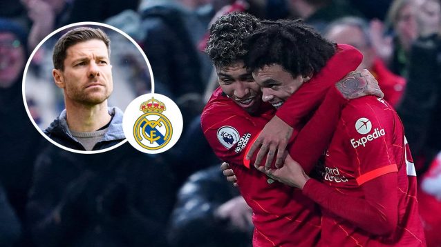 Xabi Alonso, Real Madrid badge and Roberto Firmino and Trent Alexander-Arnold celebrating at Liverpool - copyright TEAMtalk