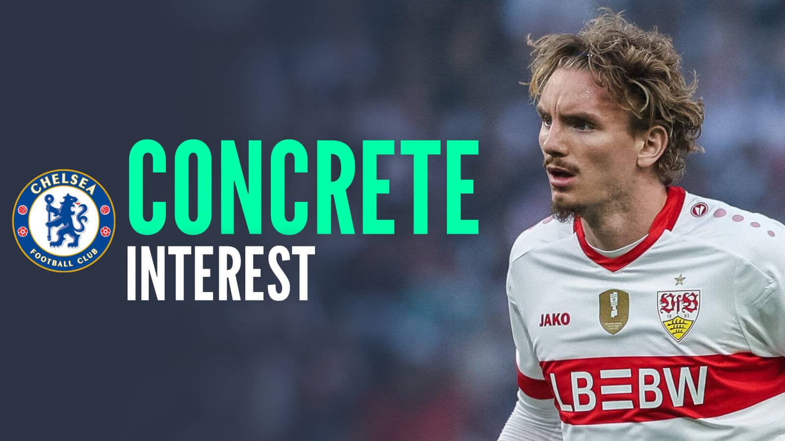 Stuttgart striker Nick Woltemade with Chelsea badge and caption: Concrete interest