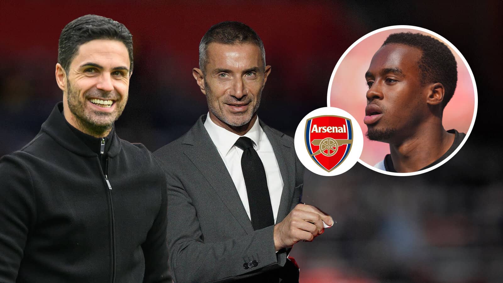 Mikel Arteta, Andrea Berta, Arsenal badge and Borussia Dortmund winger Jamie Gittens - copyright TEAMtalk