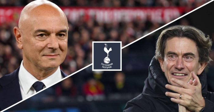 Daniel Levy, Tottenham Hotspur badge and Thomas Frank - copyright TEAMtalk