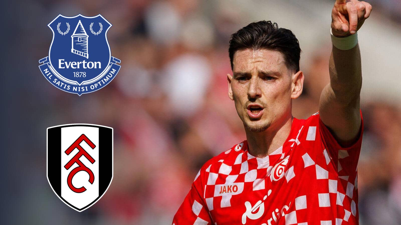 Mainz star Anthony Caci with Everton and Fulham badges