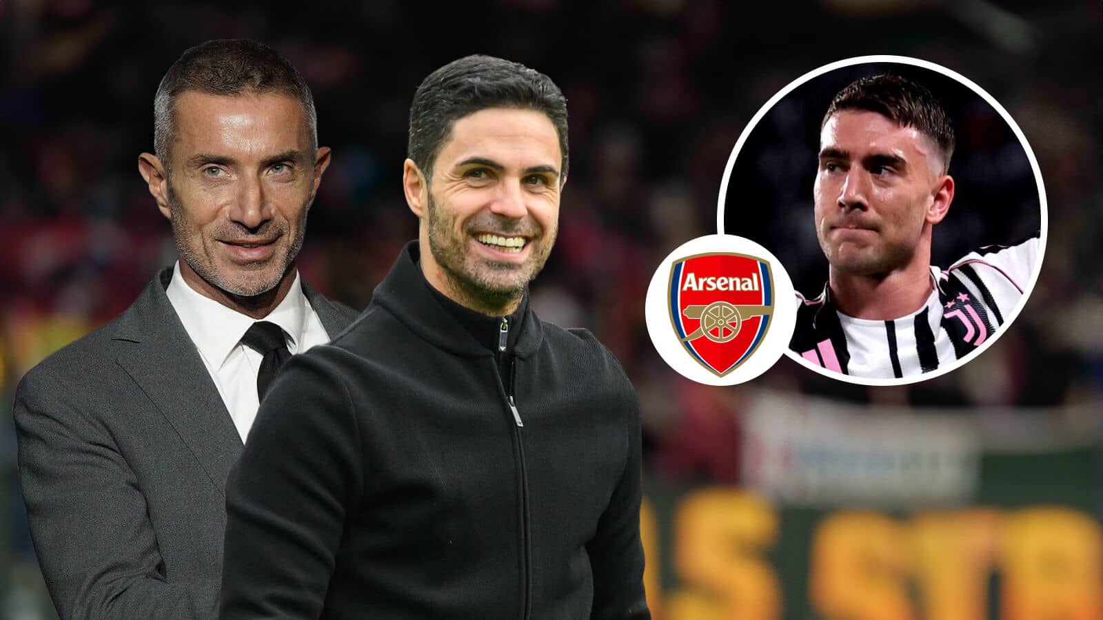 Andrea Berta, Mikel Arttea, Arsenal badge and Juventus striker Dusan Vlahovic - copyright TEAMtalk