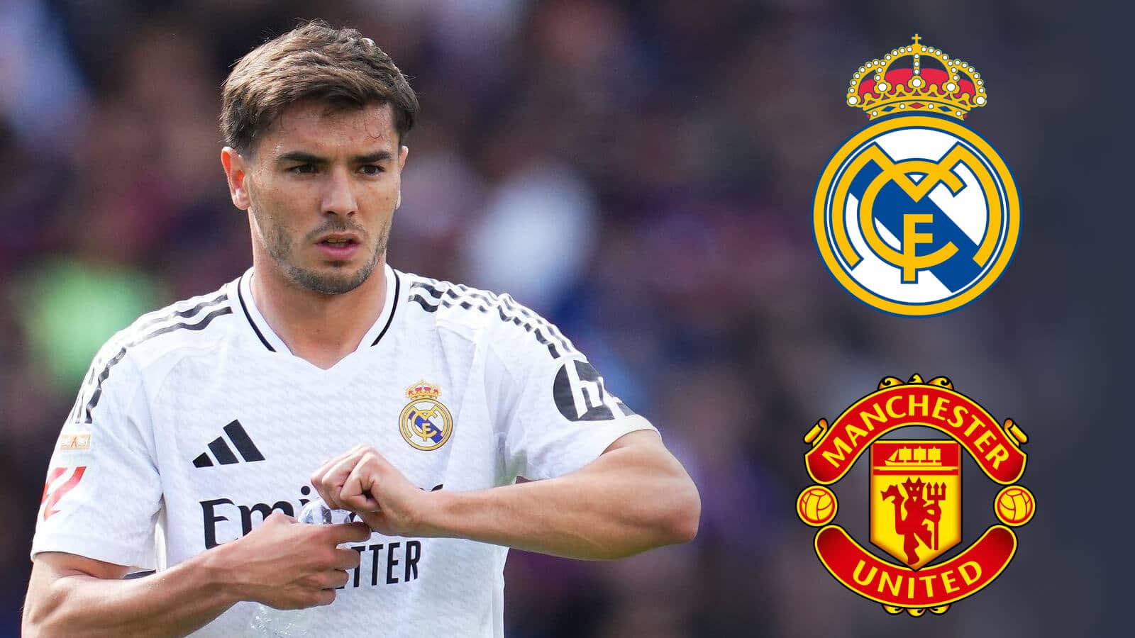 Real Madrid star Brahim Diaz next to the Real Madrid and Manchester United badges - copyright TEAMtalk