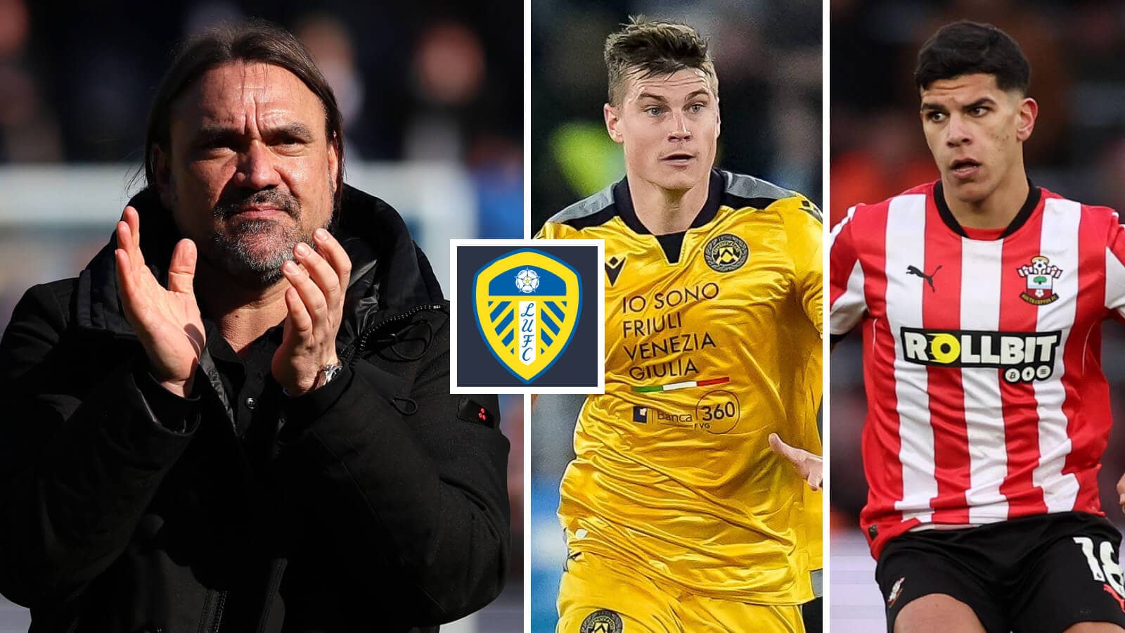 Leeds boss Daniel Farke alongside targets Jaka Bijol and Mateus Fernandes