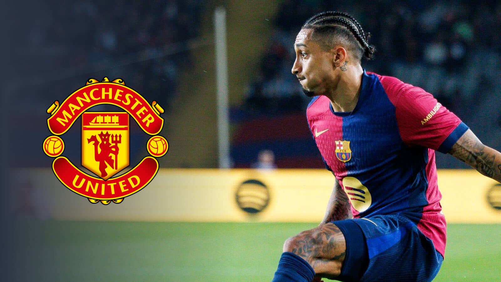 Barcelona star Raphinha next to the Manchester United badge - copyright TEAMtalk