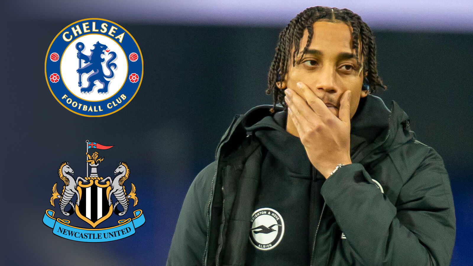 Joao Pedro with Chelsea and Newcastle badges